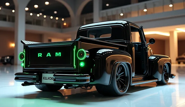 3D render of a heavily modified  ( 2025 Dodge Ram  vintage pickup)in black)colour, Fornt Side viewed from the opening doors. The car features opening doors, ultra-high-detail glossy and shiny modifications, including sleek add-ons. The (  2025 Dodge Ram vi...