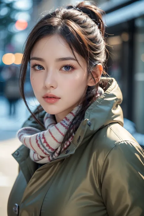 (masterpiece, best quality, photorealistic:1.2), (detailed skin textures, detailed face), absurdres, 8k HDR, realistic lighting, depth of field, 1girl, solo, looking at viewer, Sleek Low Ponytail, winter down parka, scarf, snowy street,