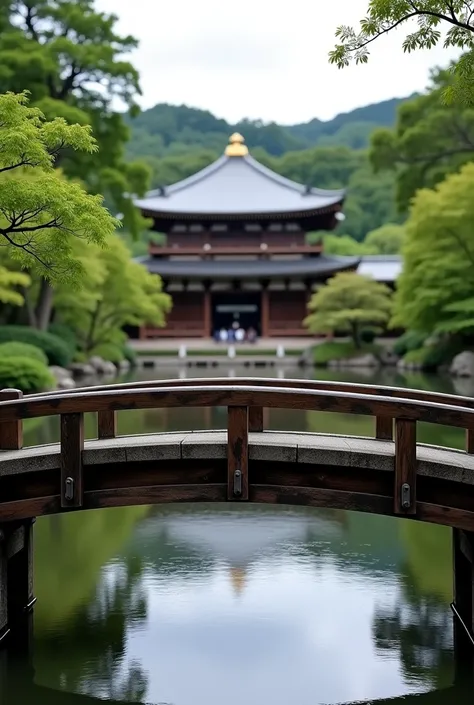 a close up of a bridge over a body of water with a building in the background, a picture by Tadashi Nakayama, flickr, shin hanga, japan sightseeing, himeji rivendell garden of eden, aomori japan, japan deeper travel exploration, japan nature, japanese temp...