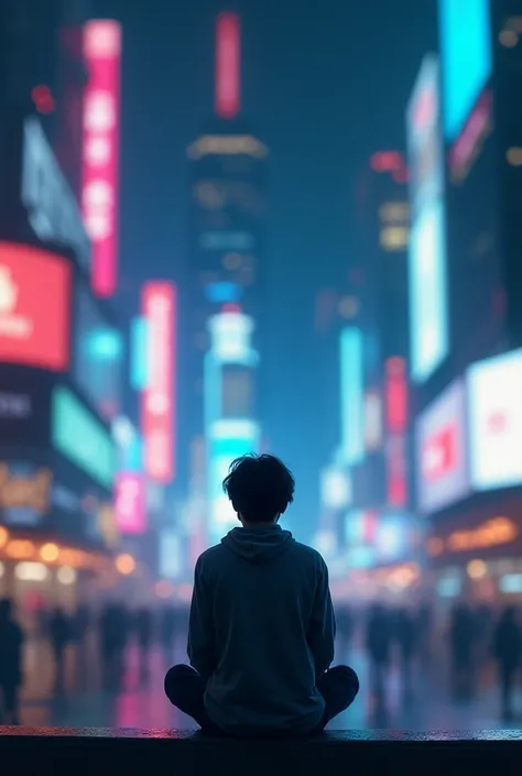 A blurred neon cityscape with someone sitting alone, lost in thought.