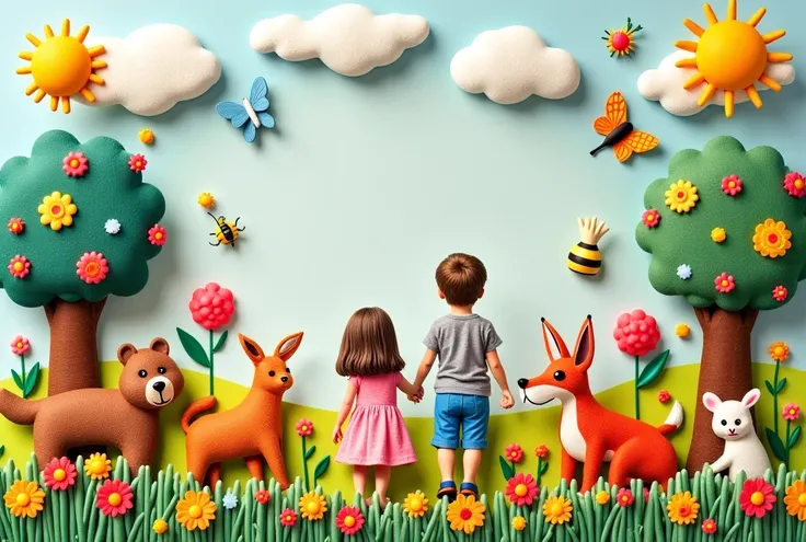  Original flannel board image,  ren's room panel ,  three-dimensional details : trees, flowers,  sun, clouds, birds , Butterflies, bees , Cat, dog, fox,  bunny ,  bear ,  boy, girl