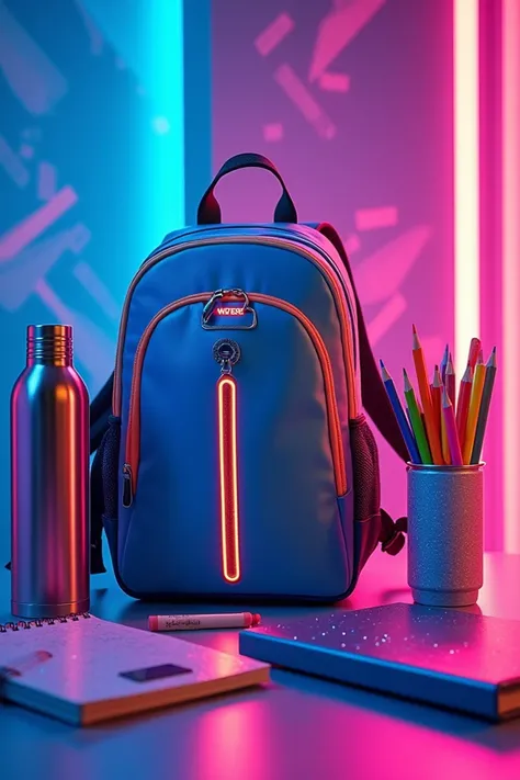 Bottom:  A vibrant and modern background , mixing neon tones  (like blue, purple and pink)  with dynamic graphic elements ,  as geometric lines and diffused lights to create a futuristic and energetic effect .

Central Element:  A composition of modern sch...