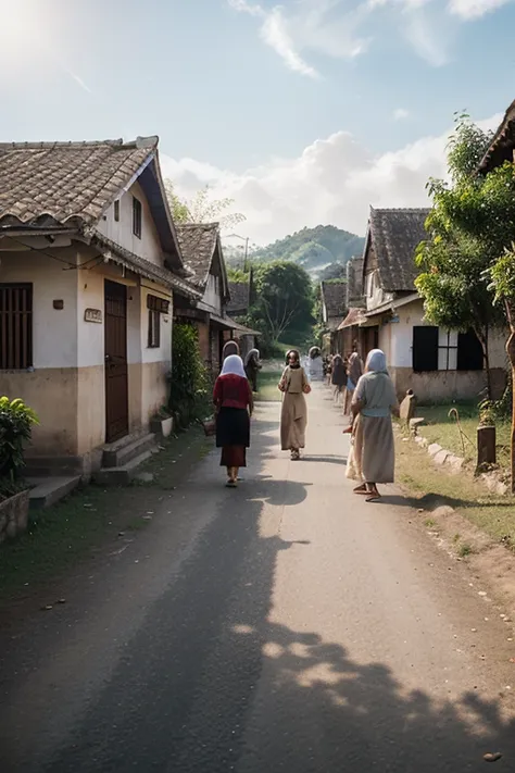 A beautiful village called Kampung Pelangi during the month of Ramadan, with the warm morning sun shining on the colorful houses, narrow paths, and villagers greeting each other with smiles. The atmosphere felt peaceful and hopeful."
