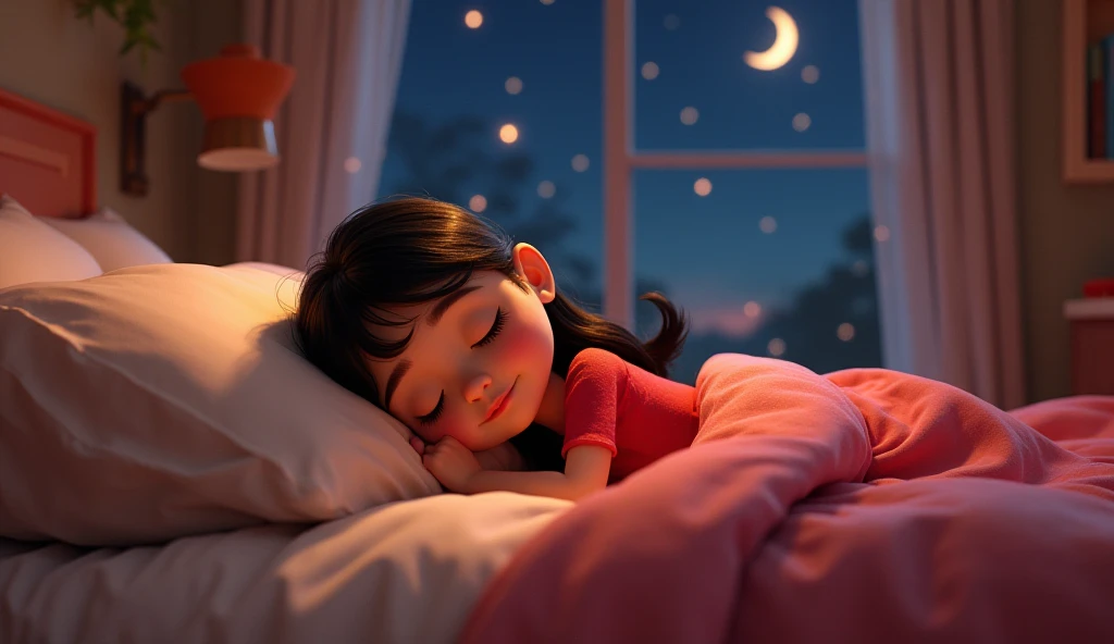 Disney pixar animation style, cute girl wearing red dress sleeping in her bed at night.