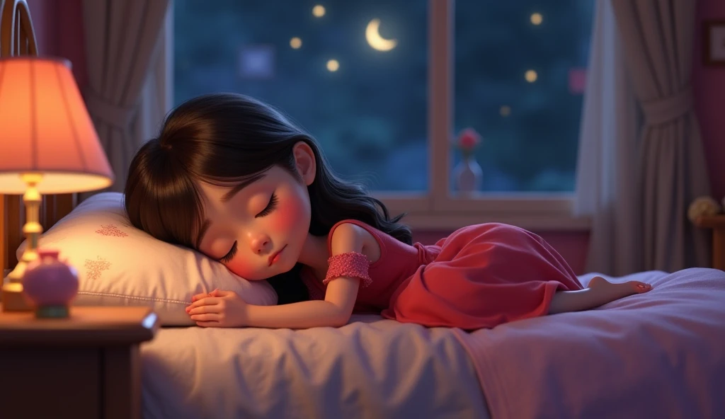 Disney pixar animation style, cute girl wearing red dress sleeping in her bed at night.