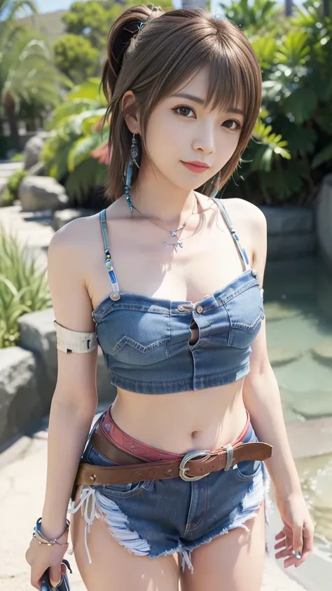 4k,1、denim bikini、table top, High resolution, Super detailed), 1 female, 28 years old, Final Fantasy Yuna x2, More mature, ((simple background)), Plain dark background, ((There is nothing in the background)), surreal, Yuna's Final Fantasy Costume, Yuna's o...