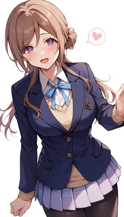 16k,score_9, score_8_up, score_7_up, source_anime, rating_safe,super detailed , himesaki rinami,purple eyes,brown hair,hair bun,long hair, , blazer, blue neck ribbon, pleated skirt, black pantyhose, , (heart eyes),(heart in eyes),spoken heart,very cute,ope...