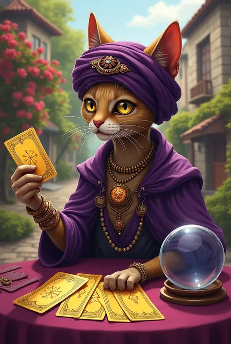 Khajiit from the game Morrowind is sitting at a table, on the table there are 4 business cards in the form of tarot cards and one tarot card horizontally in the paw. There are 4 fingers on each foot. correct anatomy. On her head is a jeweled brooch and a f...