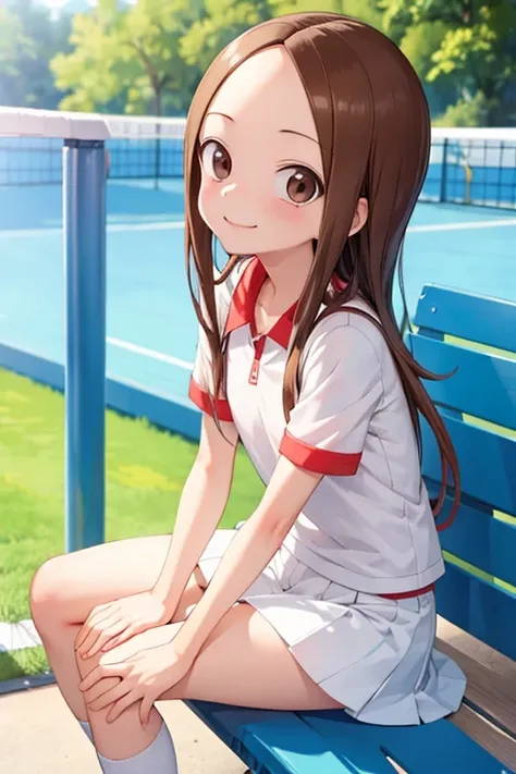 (takagi-san )
 upper body：tennis uniform
lower body：
 subject size ：Girl
background ：Bridges
time ：Sunlight
expression ： evil smile
posture ：sitting backwards