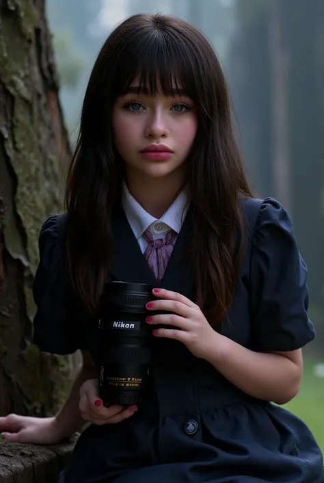 malina as violet baudelaire, 1girl, beautiful detailed eyes, beautiful detailed lips, extremely detailed face, long eyelashes, dark hair, violet baudelaire, dress, sitting, serious expression, nikon camera photo lens, medium shot, hyperrealistic, 8k, high ...