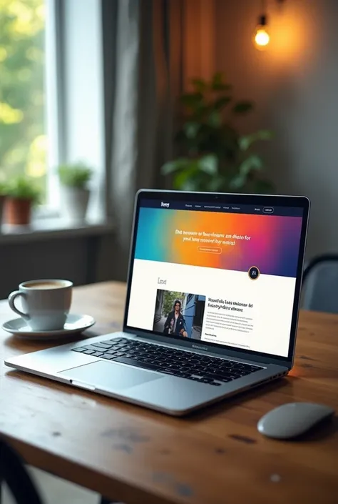 A modern and clean workspace featuring a laptop with an open webpage design on the screen. The screen shows a sleek, professional website with vibrant colors and minimalistic design elements. The background is blurred but hints at a cozy, stylish office en...