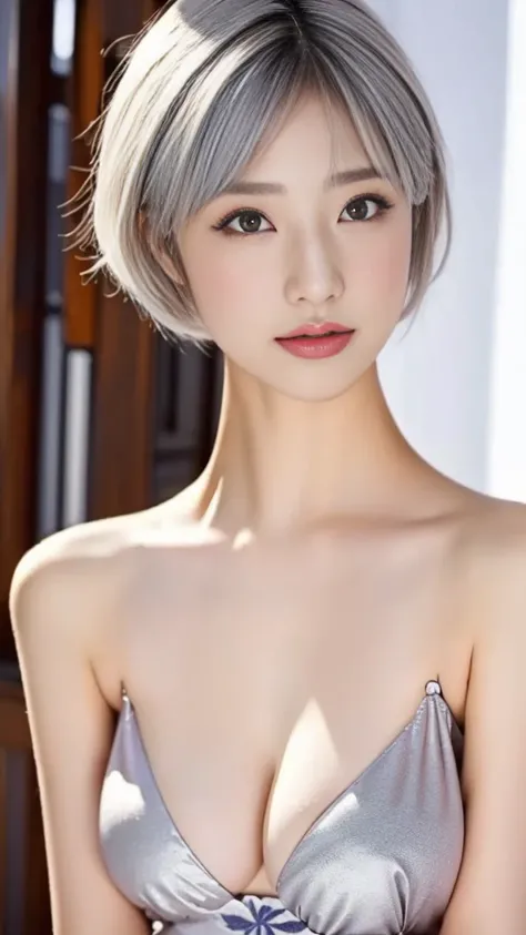  Woman 1,     high image quality  ,  Masterpiece,    top quality ,    short hair,    medium boobs covering,   On a Chinese dress，   Silver Hair，     Mole Under Eye ，Nose tape is fine