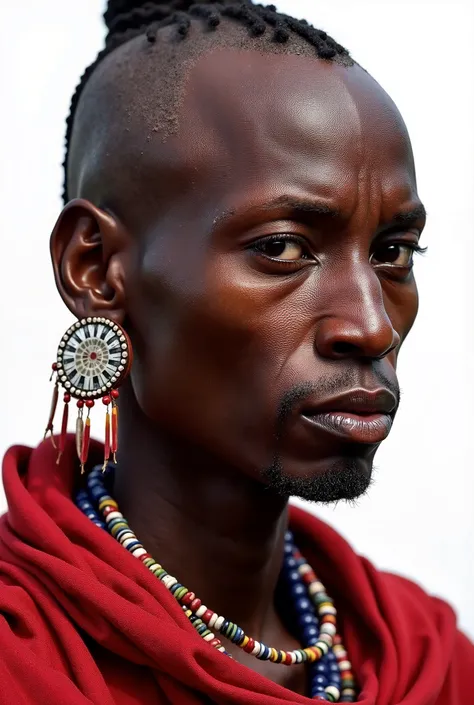 "Create a highly detailed and realistic portrait of a Maasai warrior's face, showcasing traditional Maasai cultural elements such as intricate beadwork, stretched earlobes with decorative jewelry, and a red shuka (cloth) draped over the shoulders. The warr...