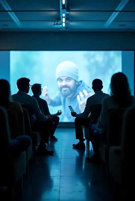 A room with a screen on the wall ,  in a reflector and some people sitting looking at the screen and writing something.  The room with low light and the very realistic image at most 