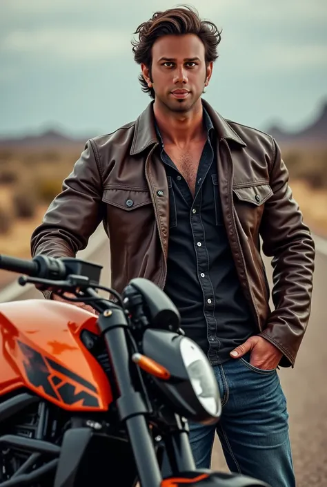 A charming and medium muscular handsome man with piercing brown eyes and a handsome face leans against KTM duke 390, his muscular frame clad in a leather jacket and faded jeans. His dark, windswept hair and a hint of stubble add to his edgy, rebellious vib...