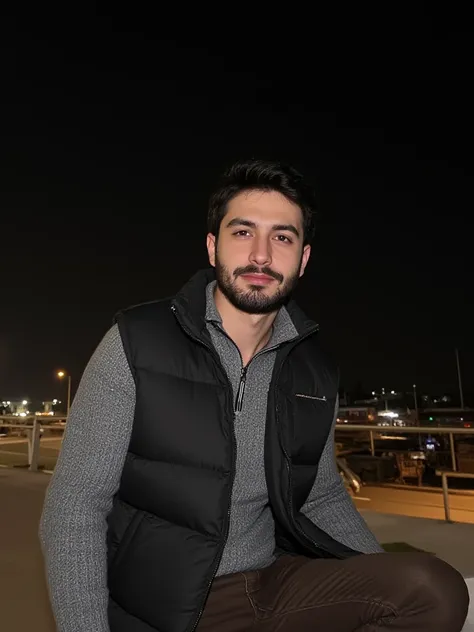 a young handsome turkish guy with muscle,  dark short hair and goatee beard he wearing a grey halfzip knitted sweater with collar and a black puffer vest and a brown loose jeans location is turkey and its night amateur photo random picture