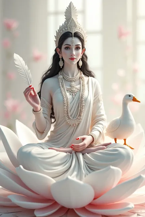 Hindu devi saraswati, she has two hands , a feather pen remains on her Right hand, vedas book remains on her left hand , Veena instrument stands beside her left side , her skin color is white , her hair and eye color is black, her lips and the plam is ligh...