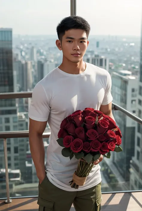 Realistic photos of a 25-year-old Thai man, realistic natural light,  short hair , very handsome, THAI CELEBRITY CASTING,  standing,  beautiful muscles ,  beautiful body , Wear a black round neck T-shirt,  Khaki Cargo Pants, Holding a large bouquet of red ...