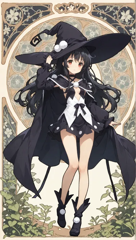 score_9, score_8_up, score_7_up, UHD, Art Nouveau, 1girl, solo, Masterpiece, Kazumi, full body, Short black hair, Witch Hat