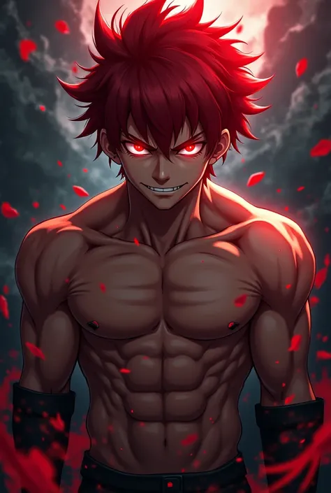 Anime guy,red messy hair, red eyes, built, evil, young, shirtless,smirking