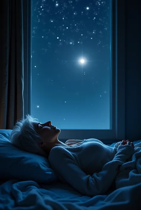 A cold and dark night, A lady with short white hair, Lying on a bed leaning back with the window open, looking up at the starry sky and one of the brightest stars of all shining through the window, bright, bright light 