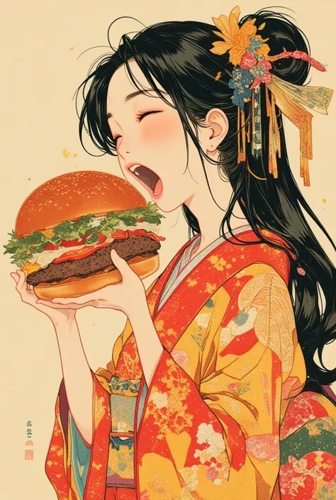 (masterpiece, best quality),(multiple exposure :1.2),woodblock print collage depicting,A tween A Japanese girl opens her mouth to eat a large hamburger. wearing red and yellow kimono,kanzashi,fresh lips,eyeshadow,black long hair,simple beige background,