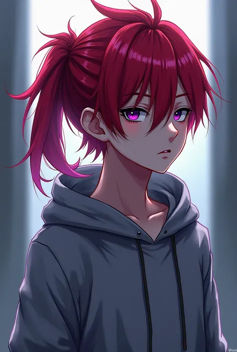 man, red hair, ponytail with shaved temples, purple eyes, grey hoodie, anime