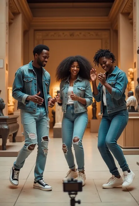 Three Nigerians- a guy and two ladies dressed in distressed denim and sneakers dancing in front of a tripod mounted phone at the museum around artifacts