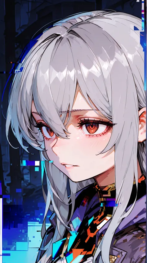  Portrait of an attractive woman   [Gunman:Bounty Hunter:0.4]  stands in a desolate apocalyptic world ( Glitch Wave Style :1)  long hair, Gray Hair, 