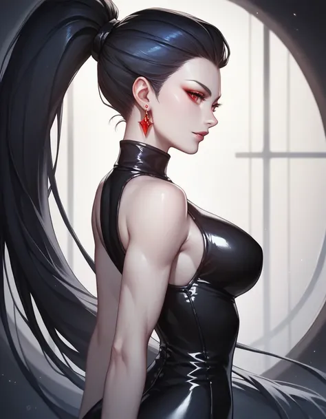 female black sleeveless latex turtleneck, bare shoulders, racerback, bare toned arms, beautiful faces, black ponytail with showing forehead, long ponytail, earrings, soft smooth skin, pale skin, black background, red eyes, sci-fi, high contrast, backroom