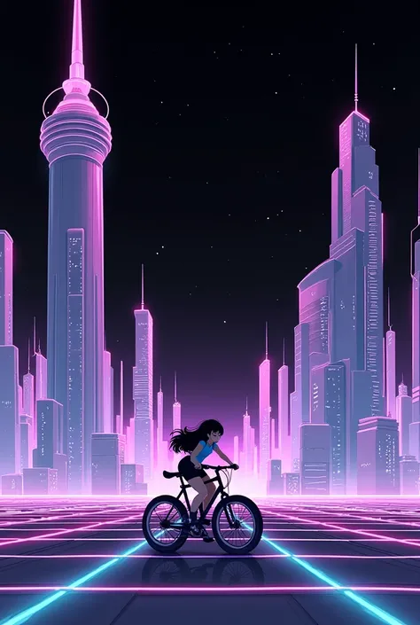 a girl rides a bicycle, in running shorts, a digital illustration of a cityscape with tall buildings and skyscrapers. The buildings are arranged in a grid-like pattern, with the tallest buildings in the center and the smaller ones on either side. The talle...