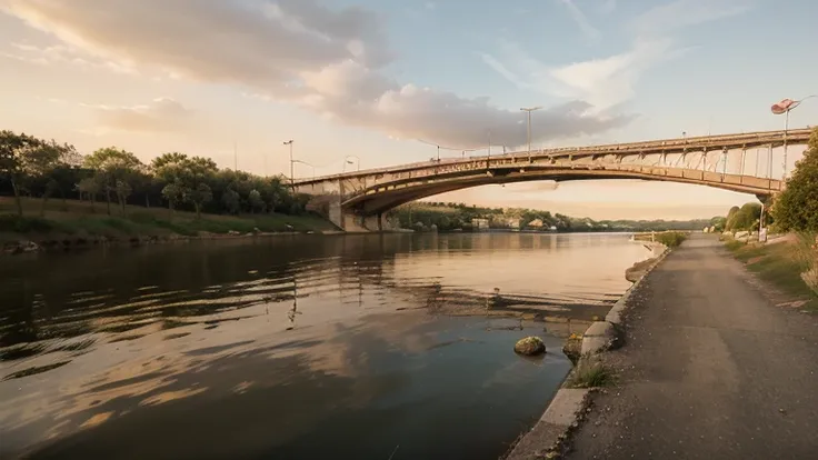 Picture of the bridge by the lake , In the afternoon ,  the atmosphere looks calm and happy, orange afternoon sky