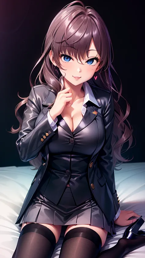  erotic　Ichinose Shiki　Big Breasts　 school uniform　 blazer　 cutter shirt　 black background heart bedroom dark theme evil depraved seduction excitement condescending smile sexy pose upper body emphasis　sit　 high heels　Ami Tights、 cleavage