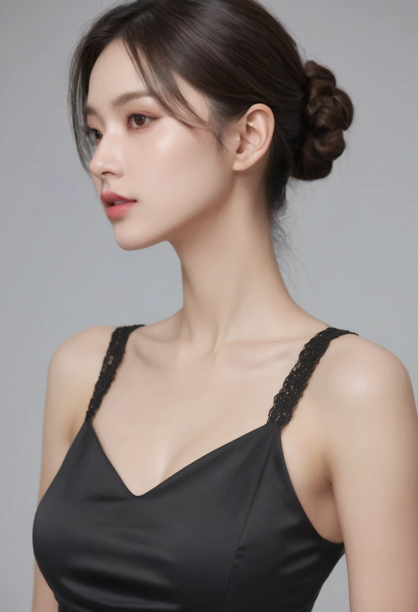 (( best quality ,  8,000 )),  of a young lovely woman,  realistic, side view, portrait,  Super Realistic ,  highly detailed,  highly detailed skin,  high quality,  Black Dress 