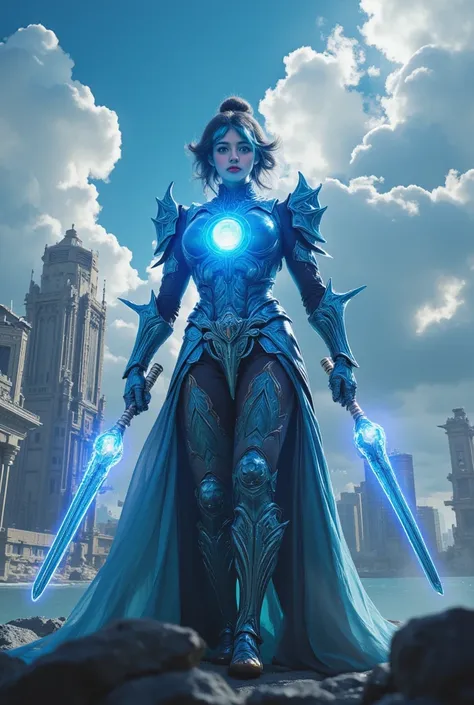  HD, Sky, cloud,  Spear-like Weapons , Luminescence, State-of-the-Art , architecture, Luminescence eyes, State-of-the-Art 机械, Science Fiction, City, True,  Blue Master Armor ,  Chest Core ,Like Poseidon,