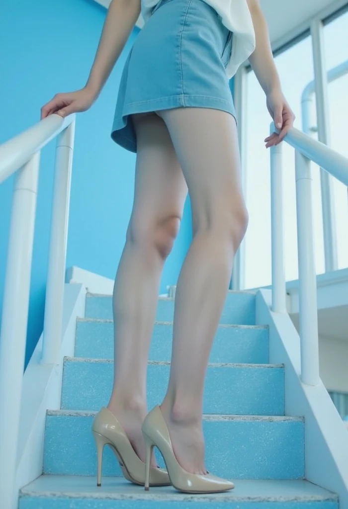 Real photography, high quality, masterpiece, a girl, wearing DHL, DHL skirt, high ponytail highheels, standing on a staircase, white steel frame handrail, the background is clean blue sky, low angle view Shooting angle, professional composition, natural li...