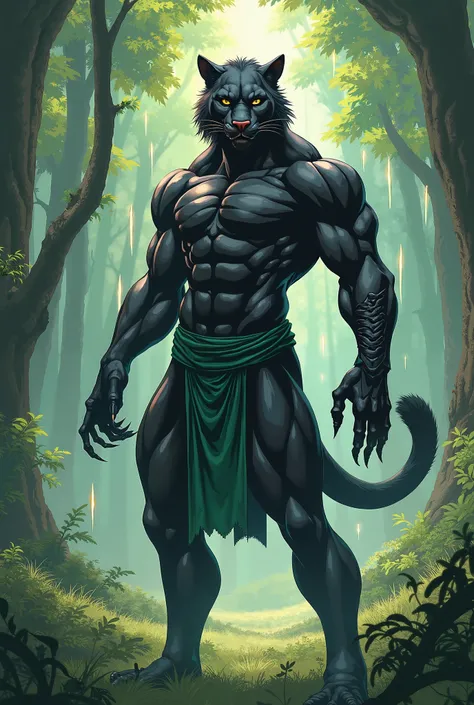 a hybrid warrior between a human and a panther,  muscular, athletic,  hyperrealistic anime,  full body in a clearing in the middle of the forest, with light strips decorating the background