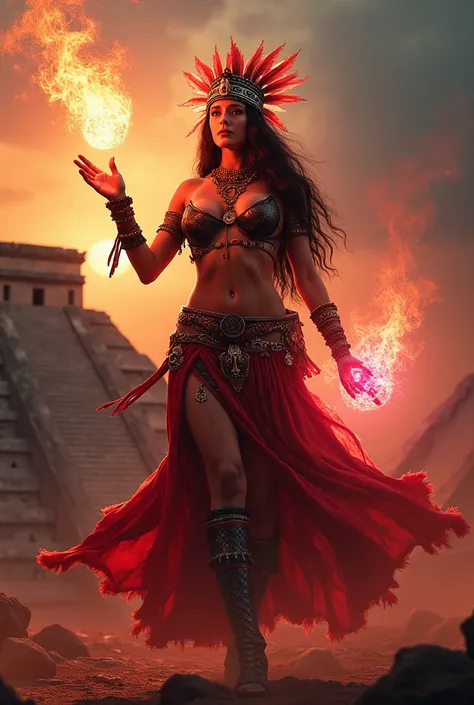 Shirtless Aztec sorceress with medium breasts wearing leather and snake skins-red and black with untattooed Aztec head adornment with magic flame on one hand and the other has a wand with a crystal glowing neon bright, pyramids in the background