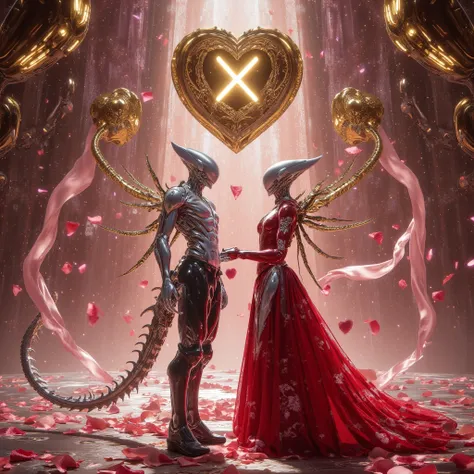 This enchanting showcase presents a duo of one female one male sleek featureless aliens with smooth sleek skin immersed in a dazzling, Valentine’s Day-inspired cosmic celebration. Their exoskeletons shimmer in radiant shades of light metallicsto compliment...