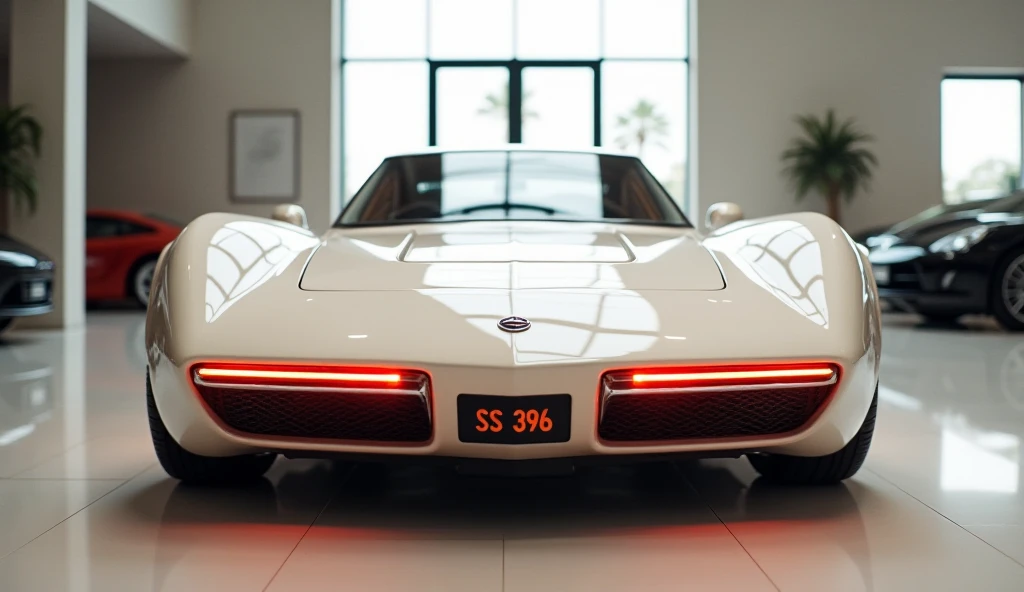 "A realistic, high-quality image of a modern sports car seen from the front  resembling a 1960 Chevrolet 
 Chevelle SS 396. The car is off white with glossy paint and a sleek, aerodynamic design. It has four large, round exhaust pipes and a wide, continuou...