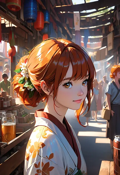 Photorealistic photo of a young ginger-haired woman pensive in an old Thai market,  soft smile , art：midjorney, Luminism,  The Ultimate Complex Contrast of Shadow and Light, An award-winning IPA, Artistic Lens, Warm colors, art： Tim Burton 