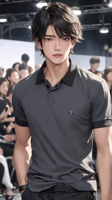 (photorealism:1.2),  very Handsome japanese man, 22-27 year-old, On the runway, polo shirt fashion show, 