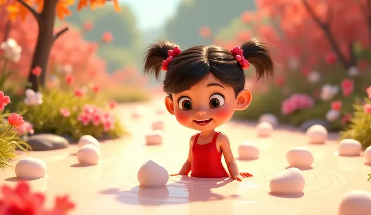 Disney pixar animation style, cute girl wearing red dress playing with marshmallows in a milk river.