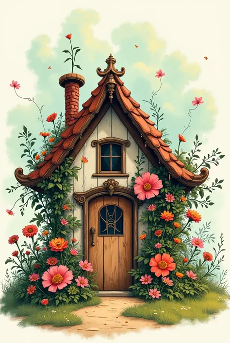 Illustration coloring、 pen sketch of a fantastic story with flowers and a house