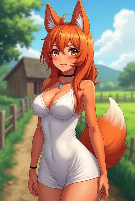 Furry female laranja, curvy body, wearing a tight mini white dress, farm, closeup, anime Otome style