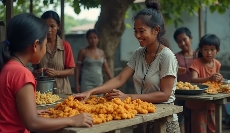 A small food stall in an Indonesian village. A young woman stands behind a table filled with freshly fried snacks, smiling despite her struggles. Around her, villagers pass by, some looking at her with suspicion while others whisper among themselves, sprea...