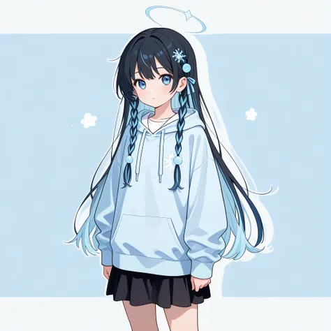 Black hair length with braids, light blue hair ornaments, light blue hoodie, white shirt, black skirt, light blue ribbon