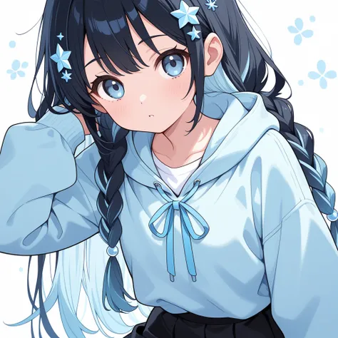 Black hair length with braids, light blue hair ornaments, light blue hoodie, white shirt, black skirt, light blue ribbon