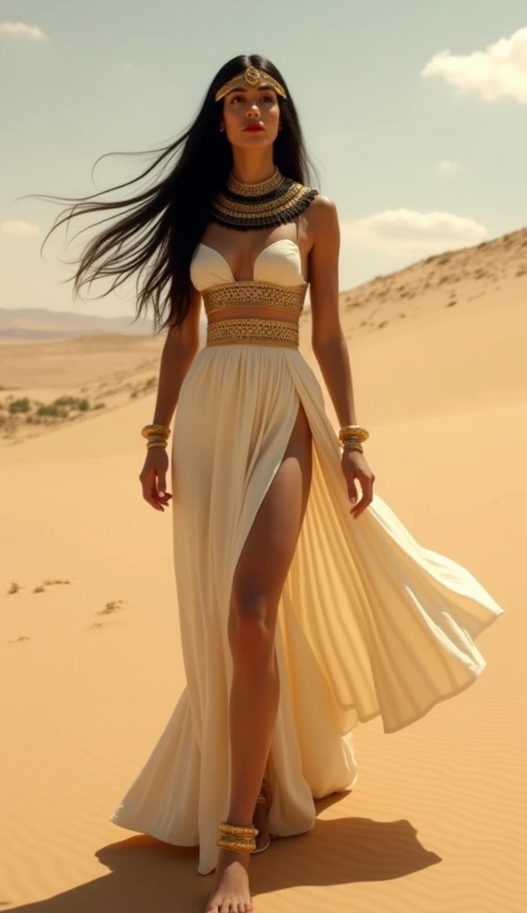 Is Cleopatra in the desert. She wears a long dress that sways as the wind blows. Her hands are holding something invisible. Her image is slightly farther away from the screen, enough to be able to see your feet and some desert sand ahead. She looks beautif...