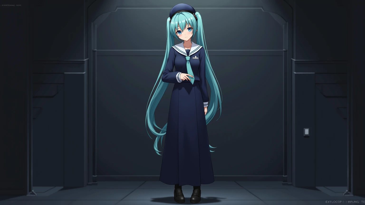  navy blue sailor suit and long skirt、Hatsune Miku wearing black socks and shoes ,  half chest photo style, Anime 3d graphics 